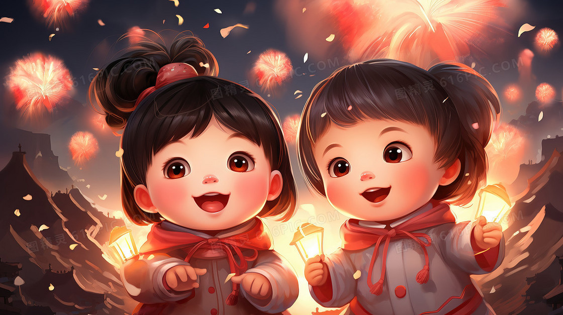 中国春节两个女孩看烟花插画