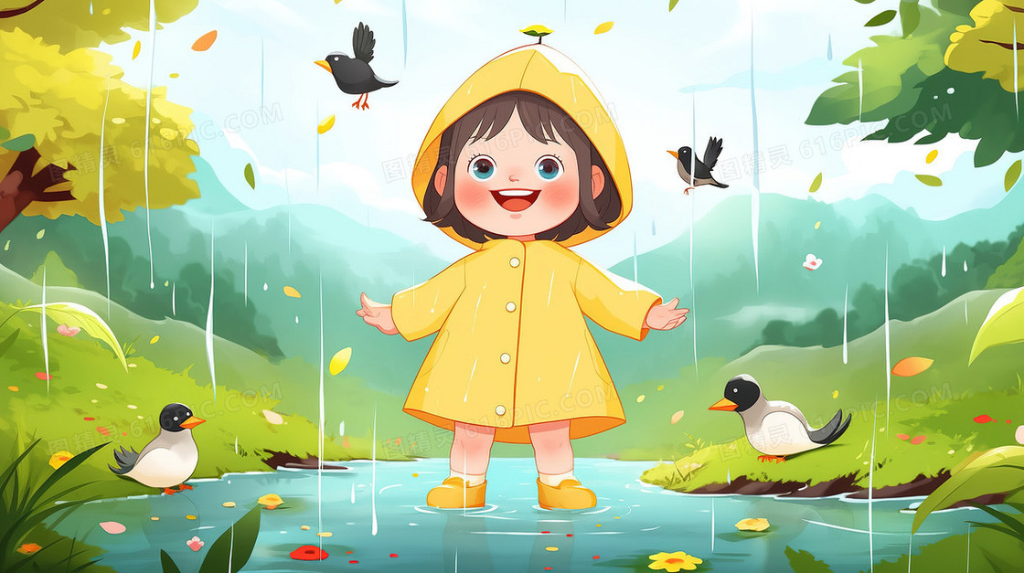 下雨天穿着黄色雨衣的小女孩在水坑踩水插画