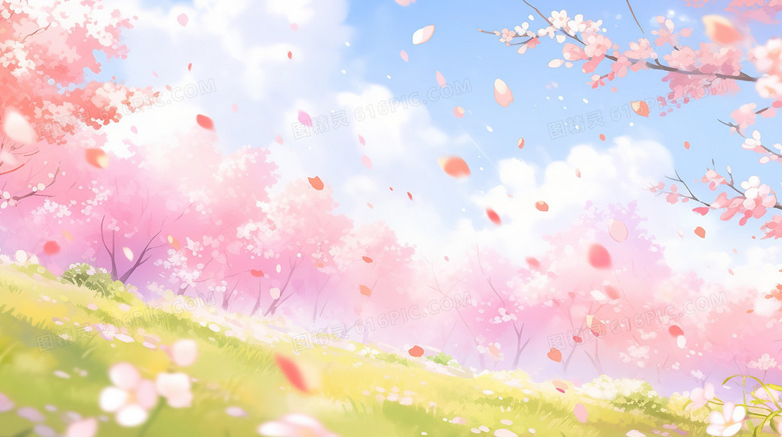 春季粉红色的樱花树林插画