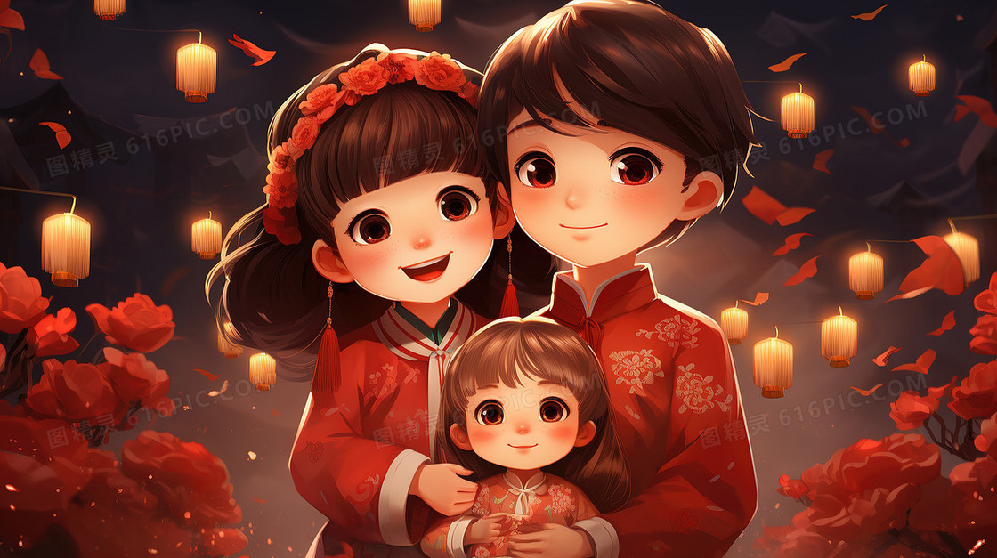 红色春节一家人赏花灯合照插画