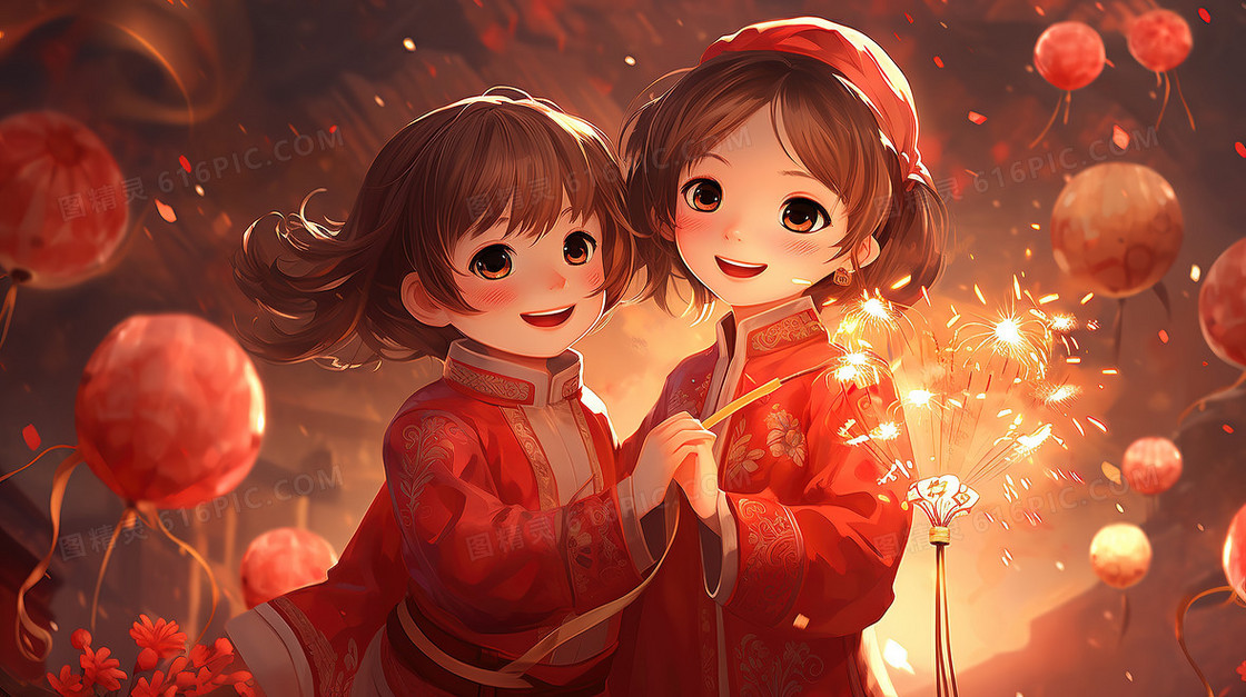红色春节两个小女孩赏花灯插画