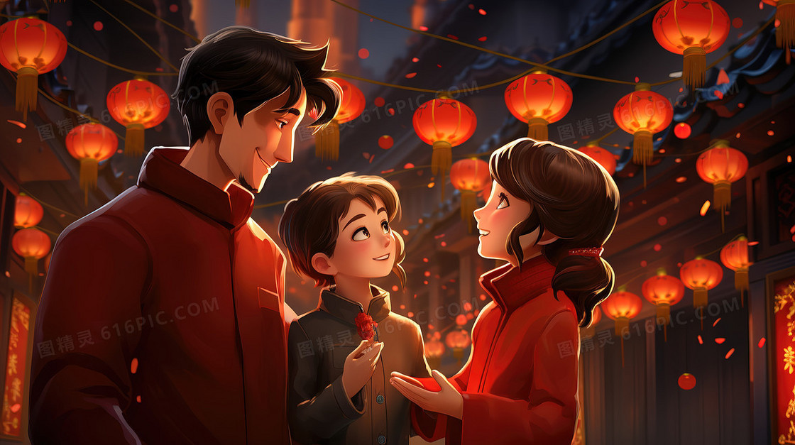 喜庆春节一家人正在集市逛灯会插画