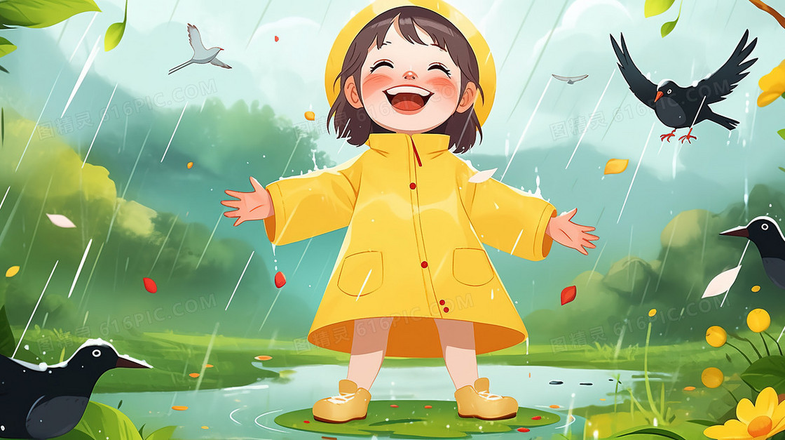 下雨天穿着黄色雨衣的小女孩在水坑踩水插画