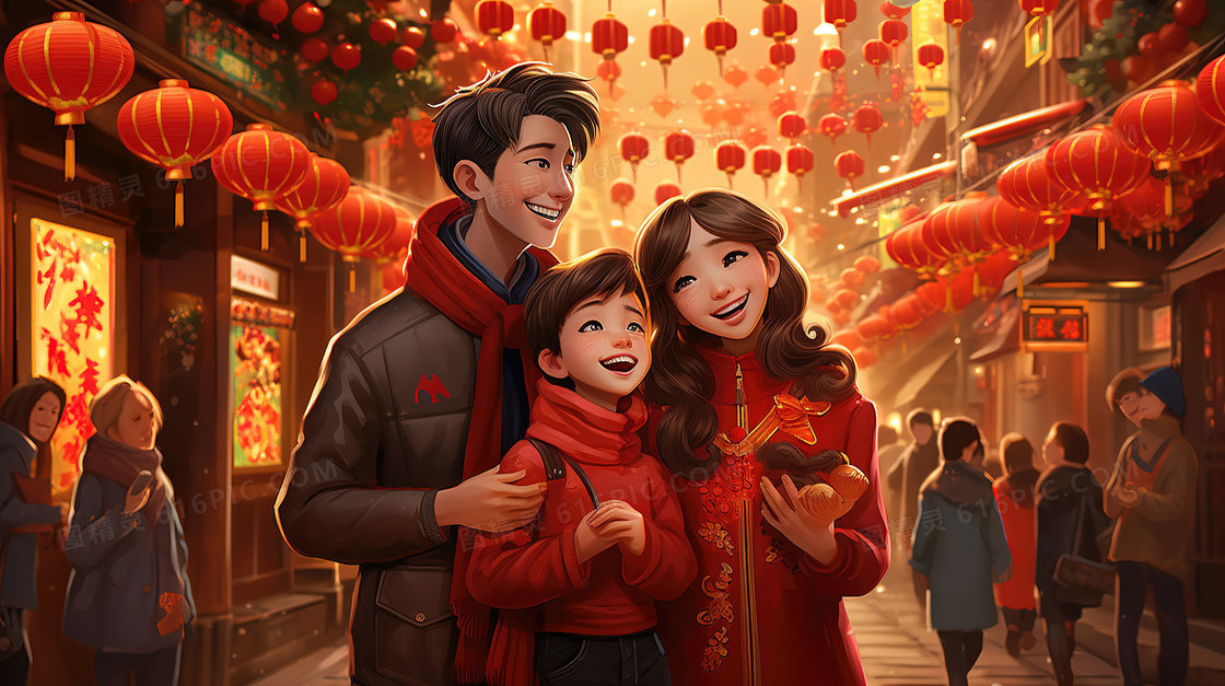 喜庆春节一家人正在集市逛灯会插画
