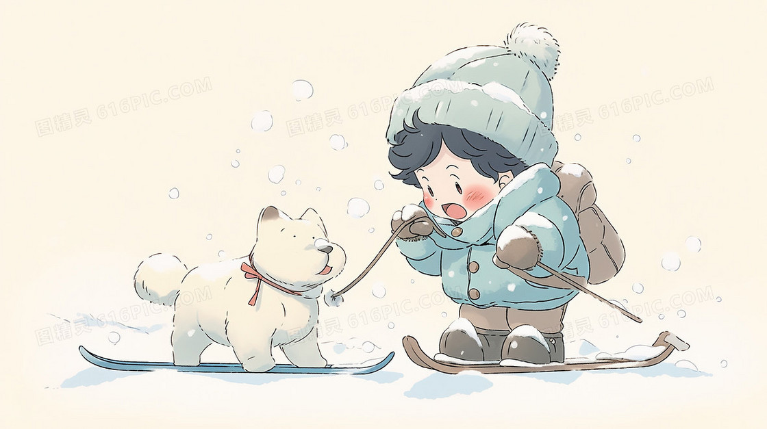 冬天雪地男孩牵小狗滑雪唯美插画