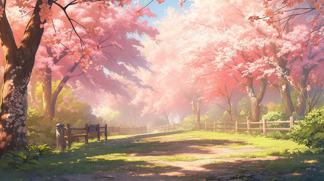 春季道路两旁粉色的树与建筑插画