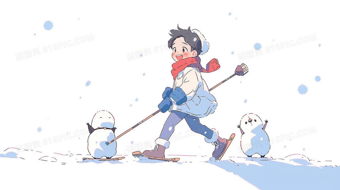 冬天男孩户外玩雪唯美插画