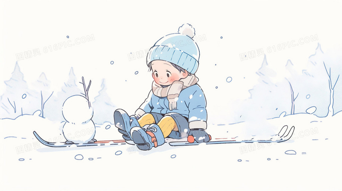 冬天男孩户外滑雪唯美插画