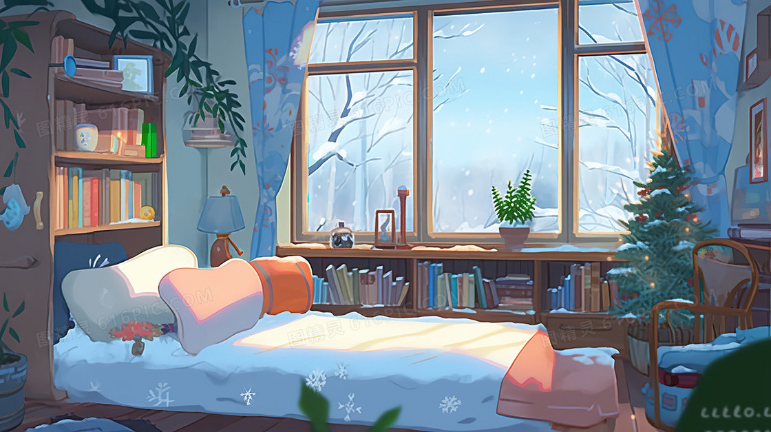 冬天室内温暖卧室场景插画