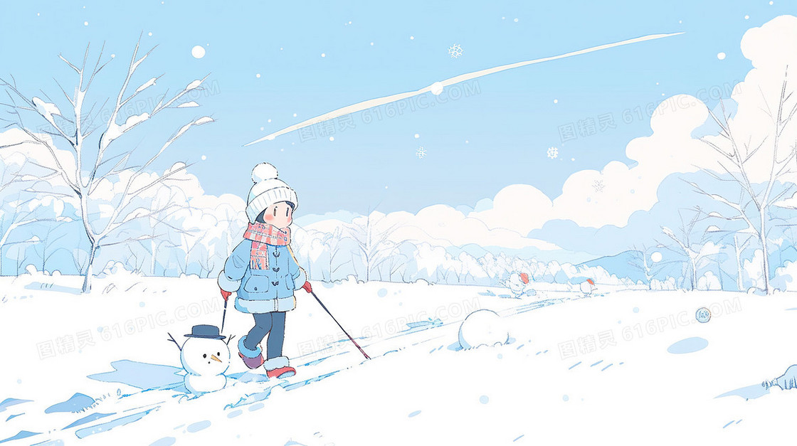 蓝色唯美冬天小女孩雪地上行走插画