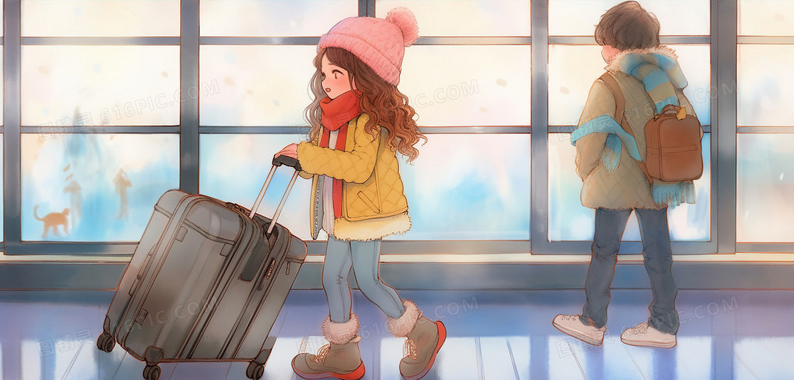冬天春运回家拿着行李箱的女孩插画
