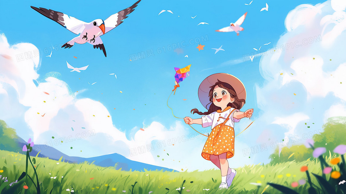 春天蓝天白云下可爱戴帽子女孩草地上放风筝插画