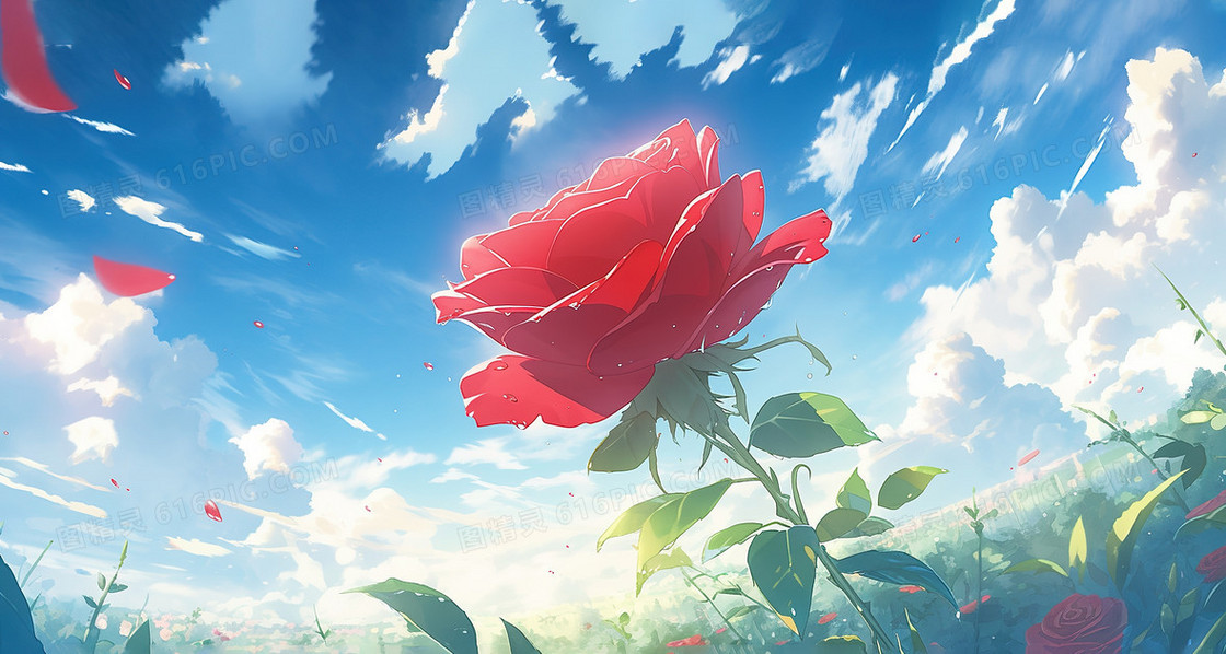 唯美春季蓝天白云下的红玫瑰插画