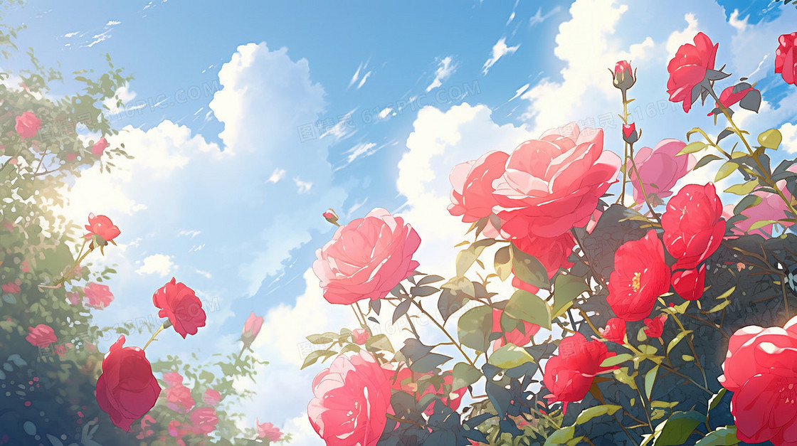 唯美春季蓝天白云下的红玫瑰花海插画