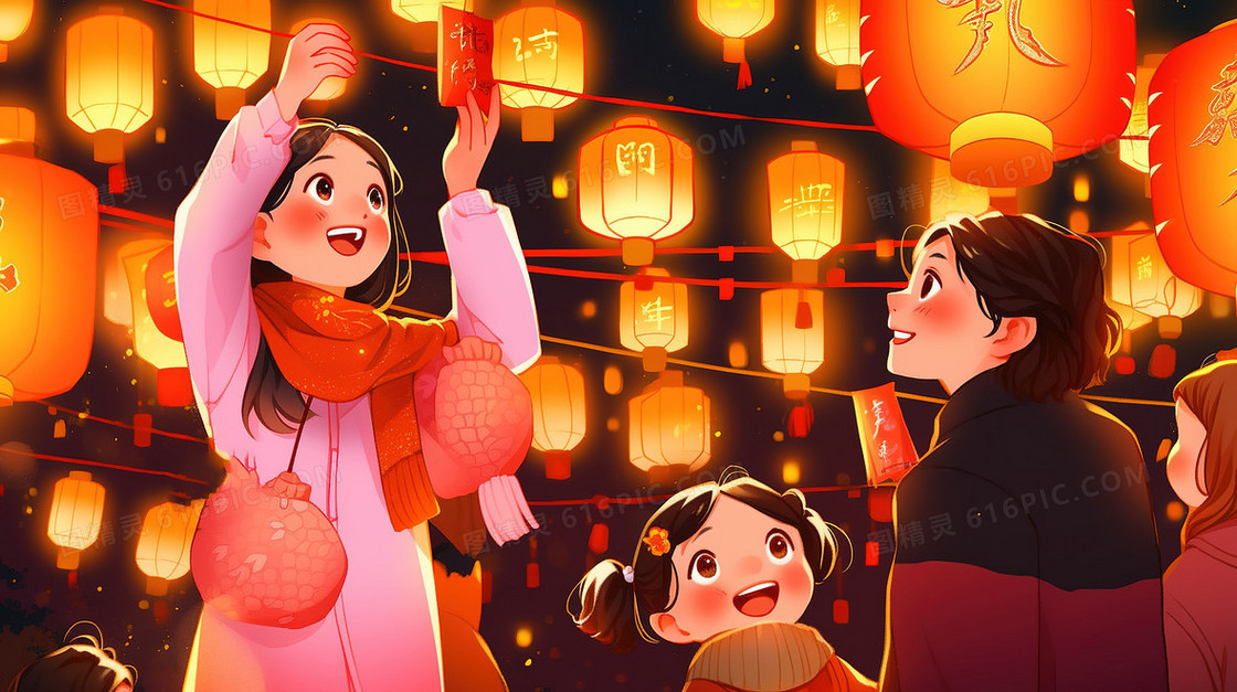 古镇春节在集市快乐赏花灯猜灯谜的人们插画