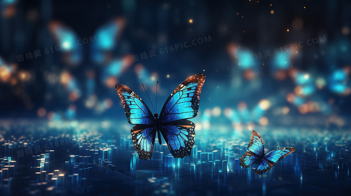 科幻网络大数据一群飞舞的蓝色蝴蝶插画