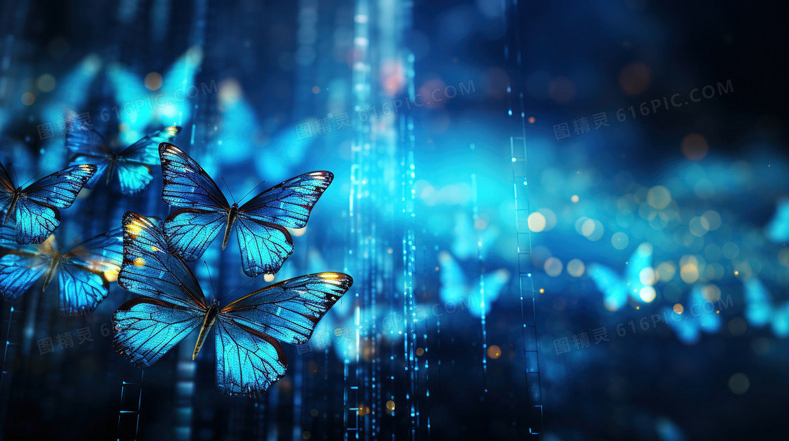 科幻网络大数据一群飞舞的蓝色蝴蝶插画