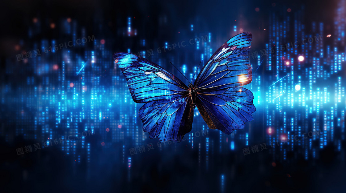 科幻互联网大数据飞翔的蓝色蝴蝶插画