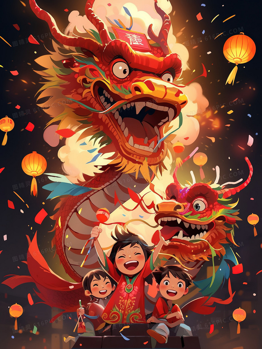 可爱中国龙和孩子们插画