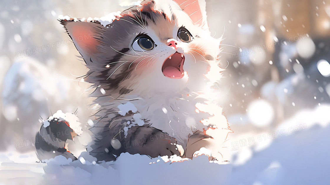 唯美冬季可爱猫咪小猫雪地晒太阳插画