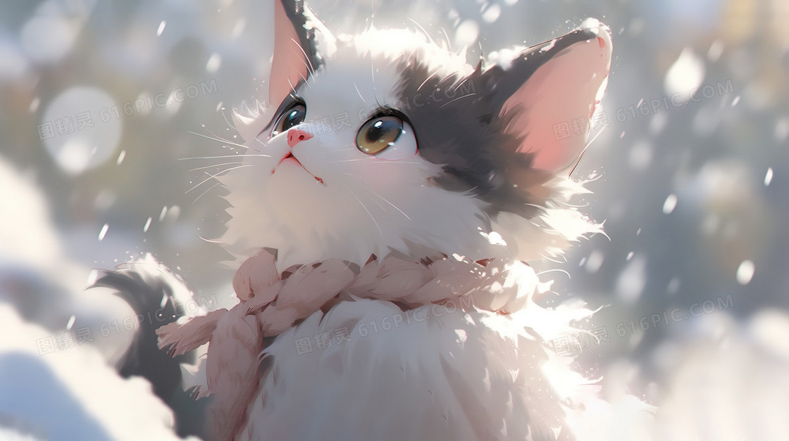 唯美冬季可爱猫咪小猫雪地晒太阳插画