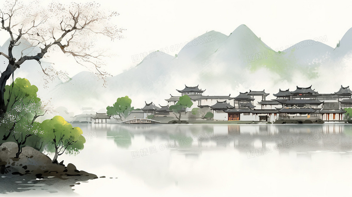 水彩手绘唯美春天山水水墨画徽式建筑插画