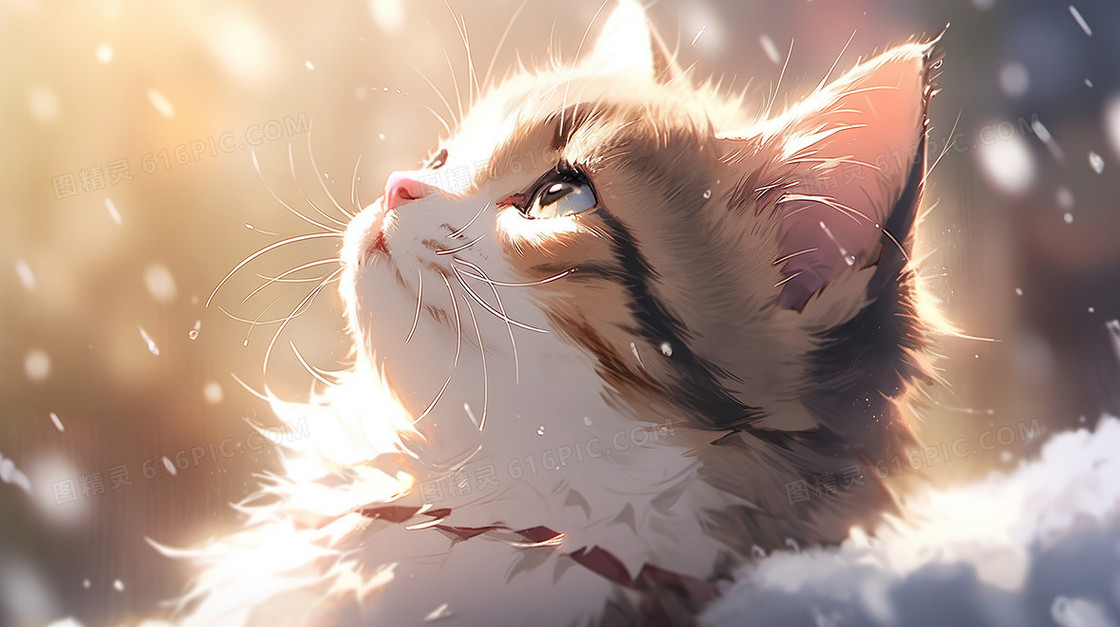 唯美冬季可爱猫咪小猫雪地晒太阳插画