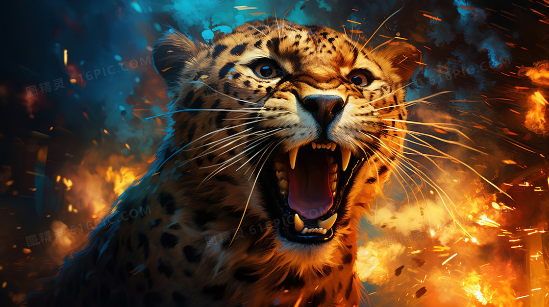 暗夜里火焰中奔跑愤怒的猎豹插画