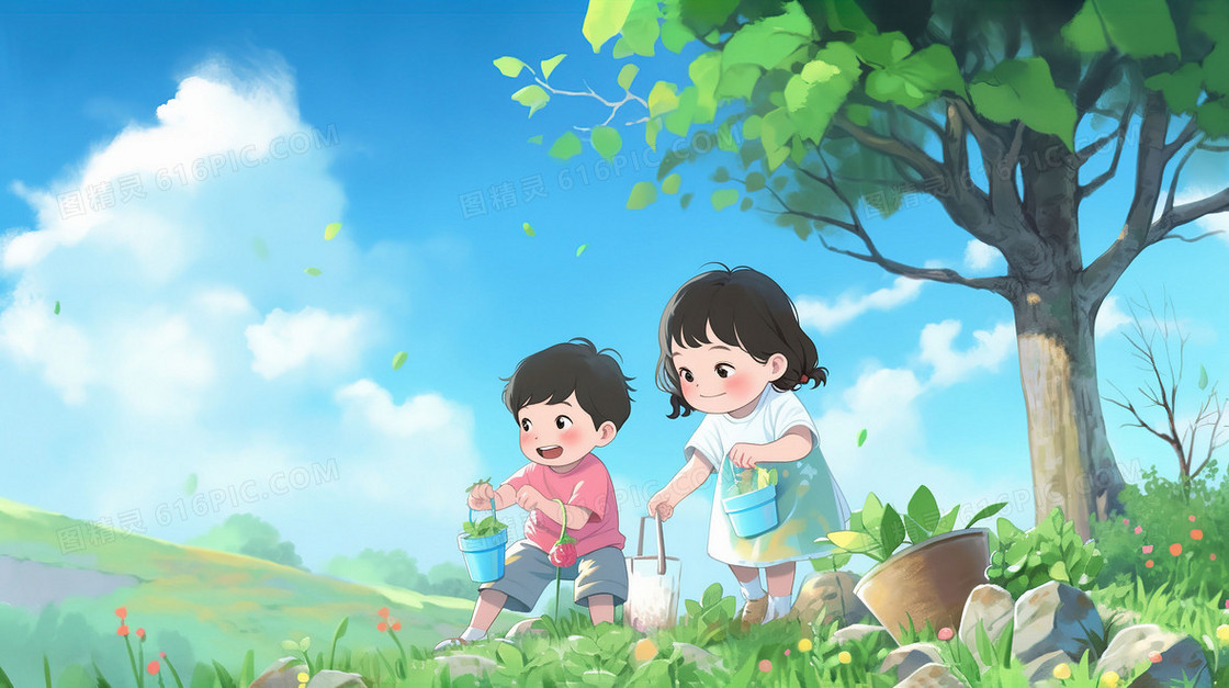 春天蓝天白云下的男孩女孩植树节种树插画