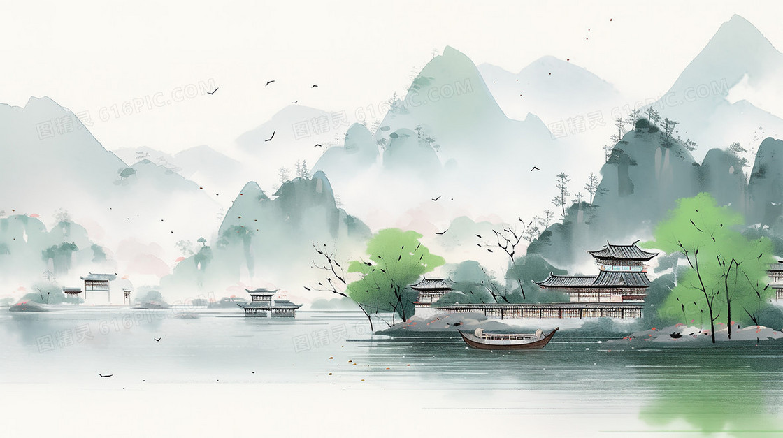 水彩手绘唯美山水水墨画徽式建筑插画