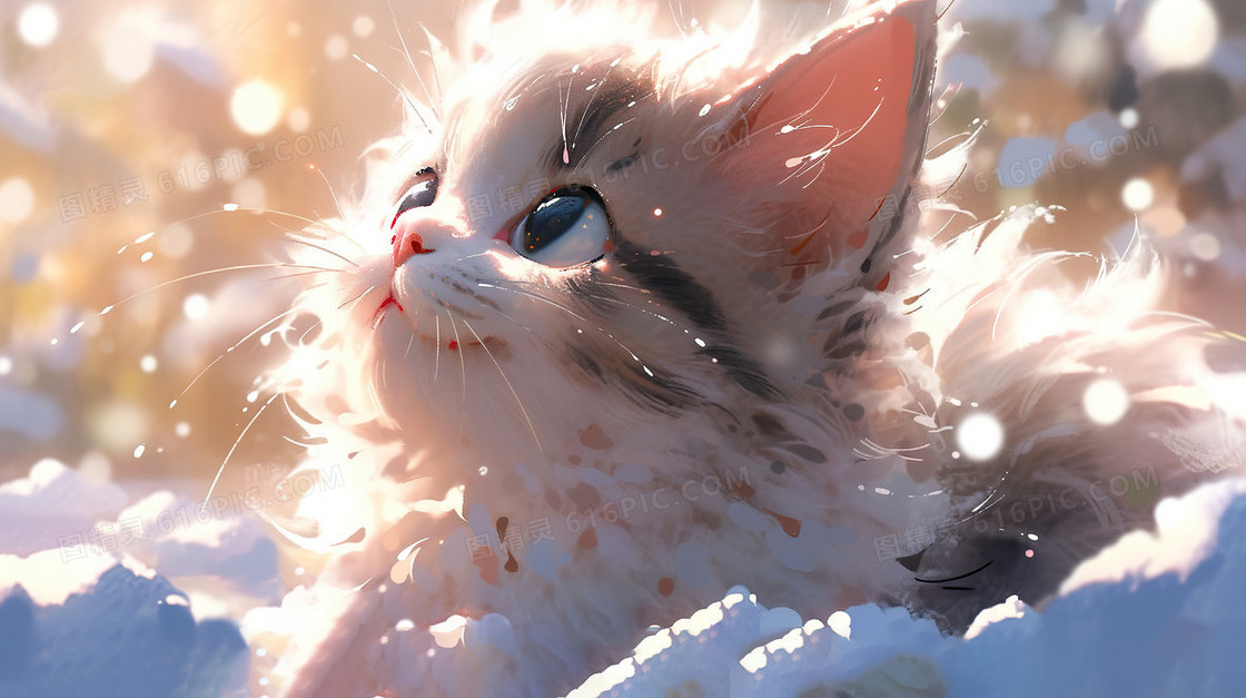 唯美冬季可爱猫咪小猫雪地晒太阳插画