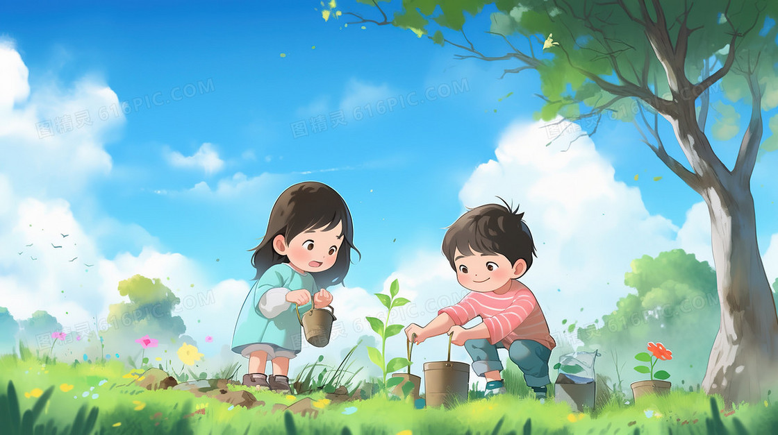 春天蓝天白云下的男孩女孩植树节种树插画