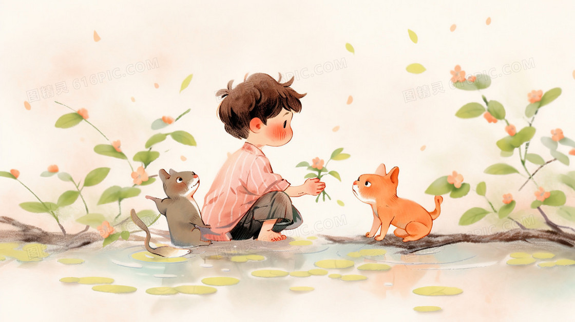 春天鲜花丛中的孩子和小动物插画