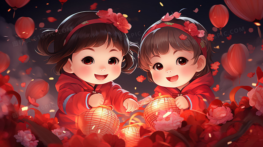 元宵节花灯中的两个女孩插画