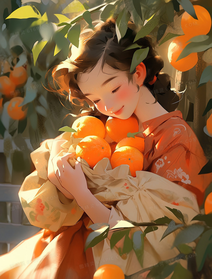 橙色油画质感阳光下抱着橙子女孩插画
