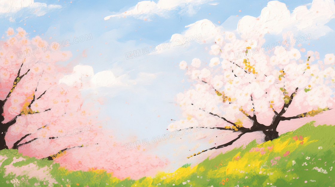 油画感春天蓝天白云樱花树风景插画