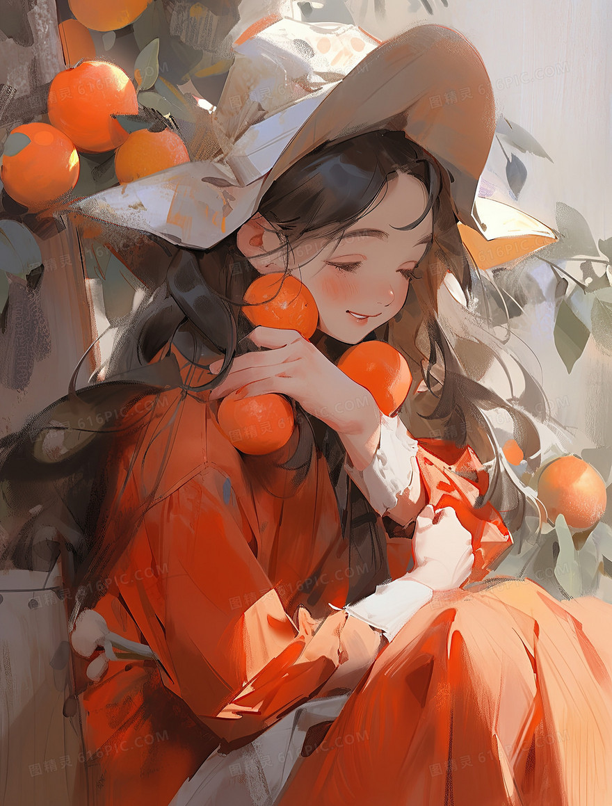 橙色油画质感阳光下抱着橙子女孩插画