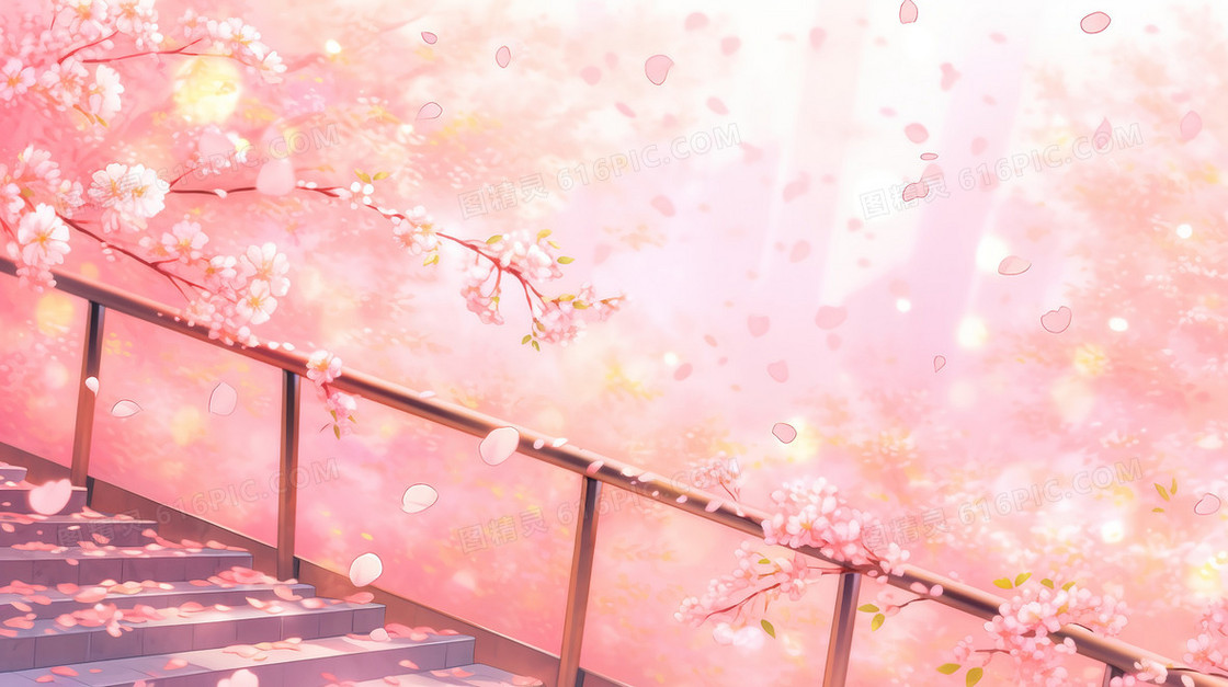 春季樱花树林旁的楼梯插画