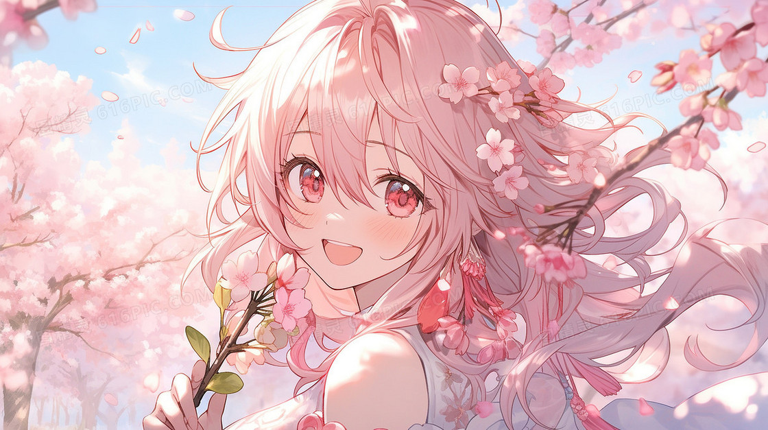 粉色樱花树下的摆造型小女孩拍照插画