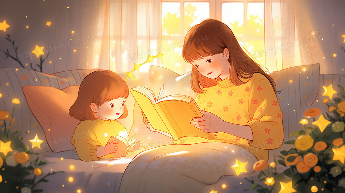 睡前给孩子讲故事的妈妈插画