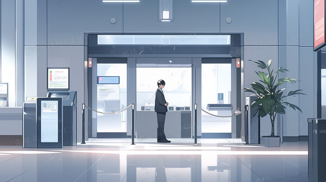 通过登记进入商业建筑的人插画