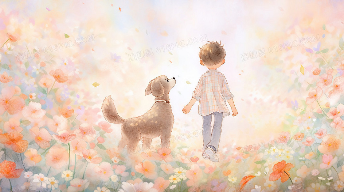 春天鲜花丛中的小动物与孩子插画