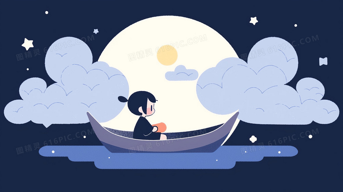 圆圆的月亮白云旁边小孩独自划船特写艺术插画