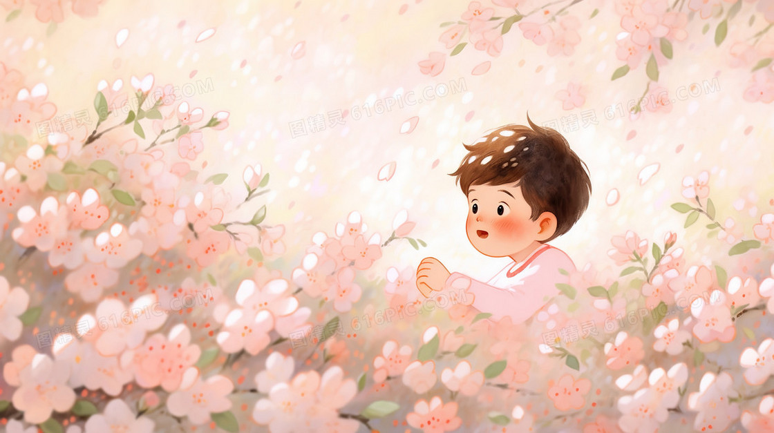 春季鲜花从中的小男孩插画