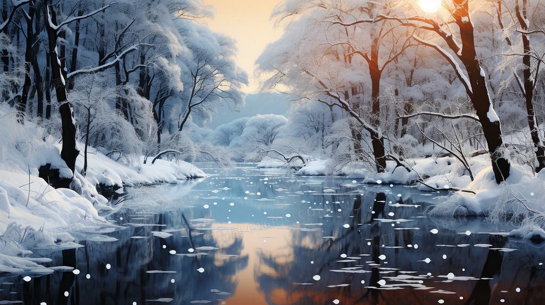 冬天河边银白色树木美丽的晚霞雪景插画