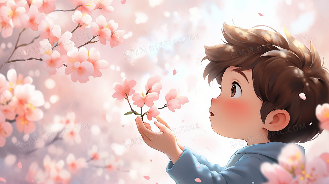 春季鲜花从中的小男孩插画