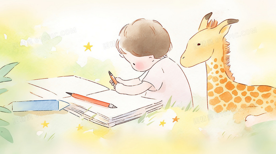 小鹿陪伴在白纸上画画的小孩子插画