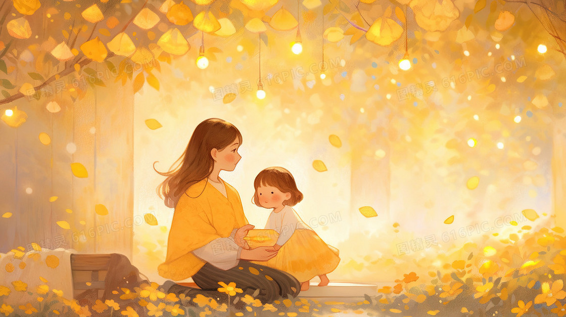 金黄色树林里的母女插画