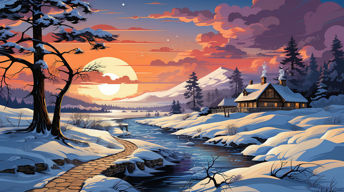 冬天山脚下在厚厚的积雪中的小房子前有条清澈的小溪晚霞插画