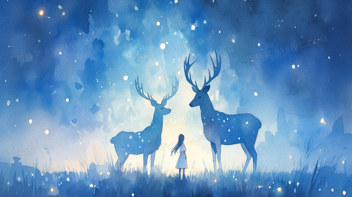 蓝色背景下两只麋鹿中间站个可爱的小女孩梦幻插画
